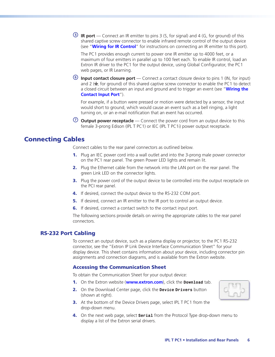 Connecting cables, Rs-232 port cabling | Extron Electronics IPL T PC1i User Guide User Manual | Page 12 / 78