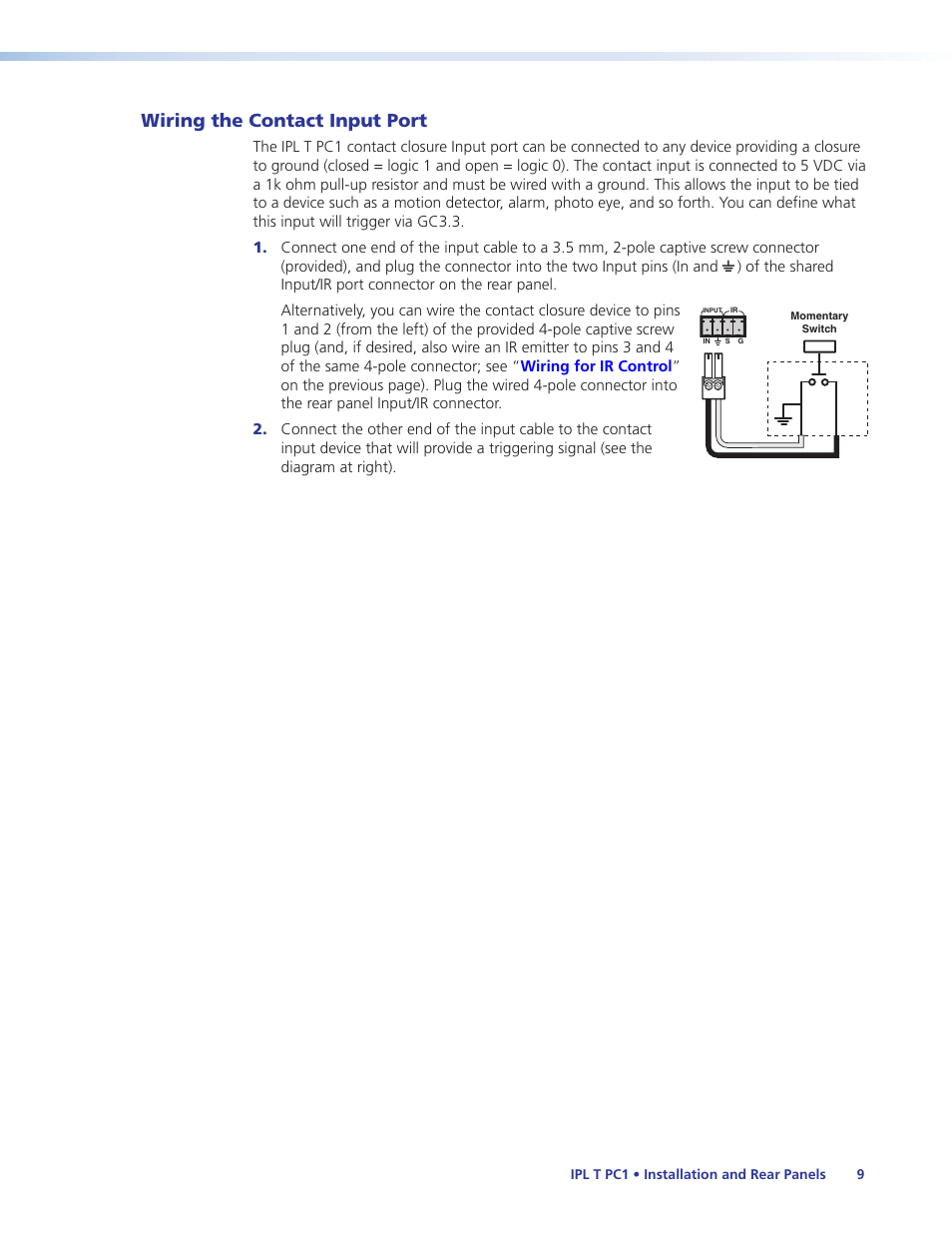 Wiring the contact input port, Ound and to trigger an event (see, Wiring the | Contact input port | Extron Electronics IPL T PC1i User Guide User Manual | Page 15 / 78