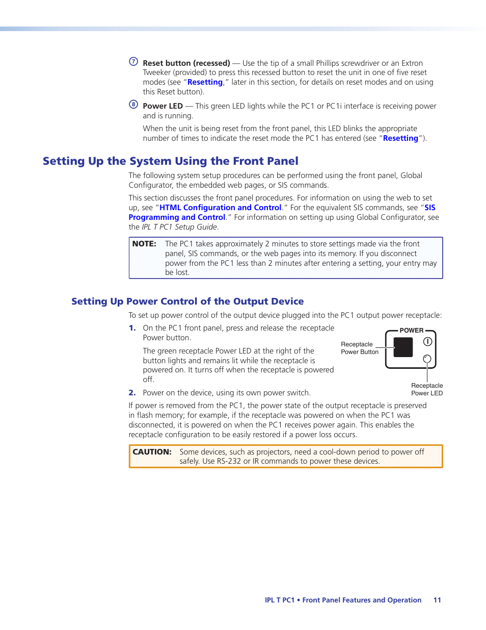 Setting up the system using the front panel, Setting up power control of the output device, Setting up power control of the output | Device | Extron Electronics IPL T PC1i User Guide User Manual | Page 17 / 78