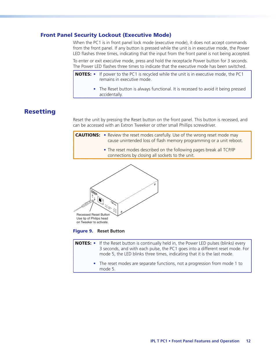 Front panel security lockout (executive mode), Resetting, Front panel security lockout | Executive mode), Modes (see, Ed (see | Extron Electronics IPL T PC1i User Guide User Manual | Page 18 / 78