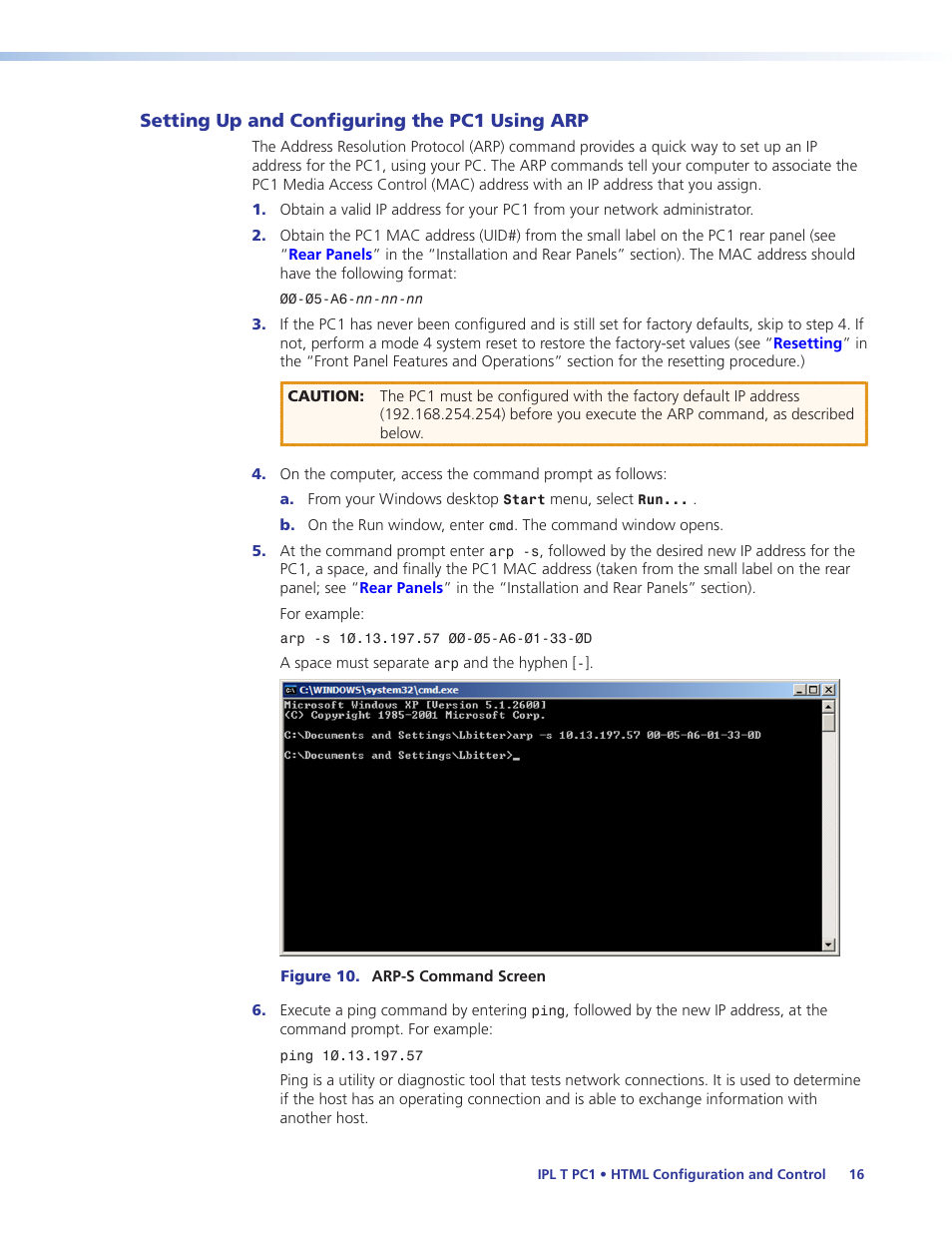 Setting up and configuring the pc1 using arp, Setting up and configuring the pc1, Using arp | Extron Electronics IPL T PC1i User Guide User Manual | Page 22 / 78