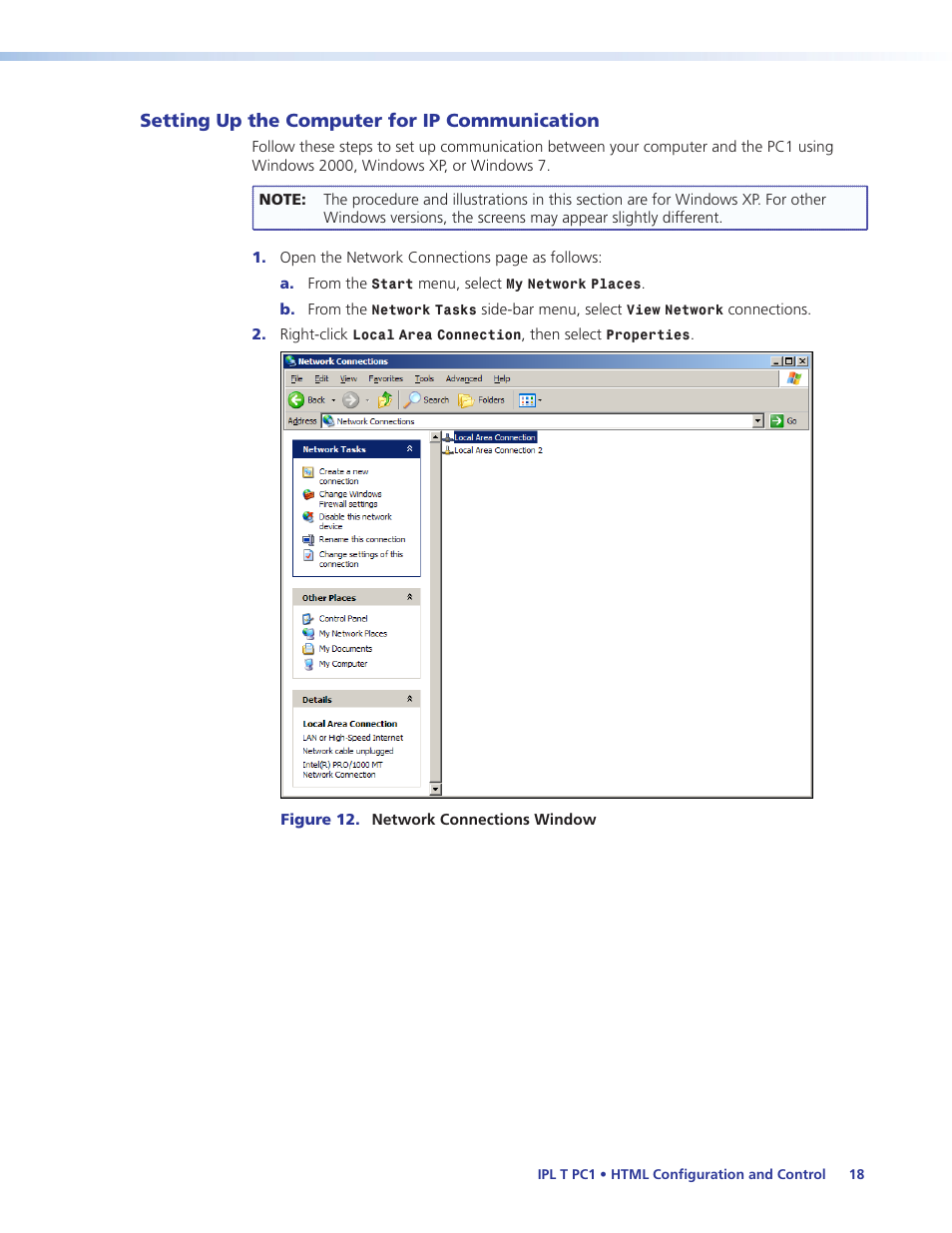 Setting up the computer for ip communication, Setting up the computer for ip, Communication | Extron Electronics IPL T PC1i User Guide User Manual | Page 24 / 78