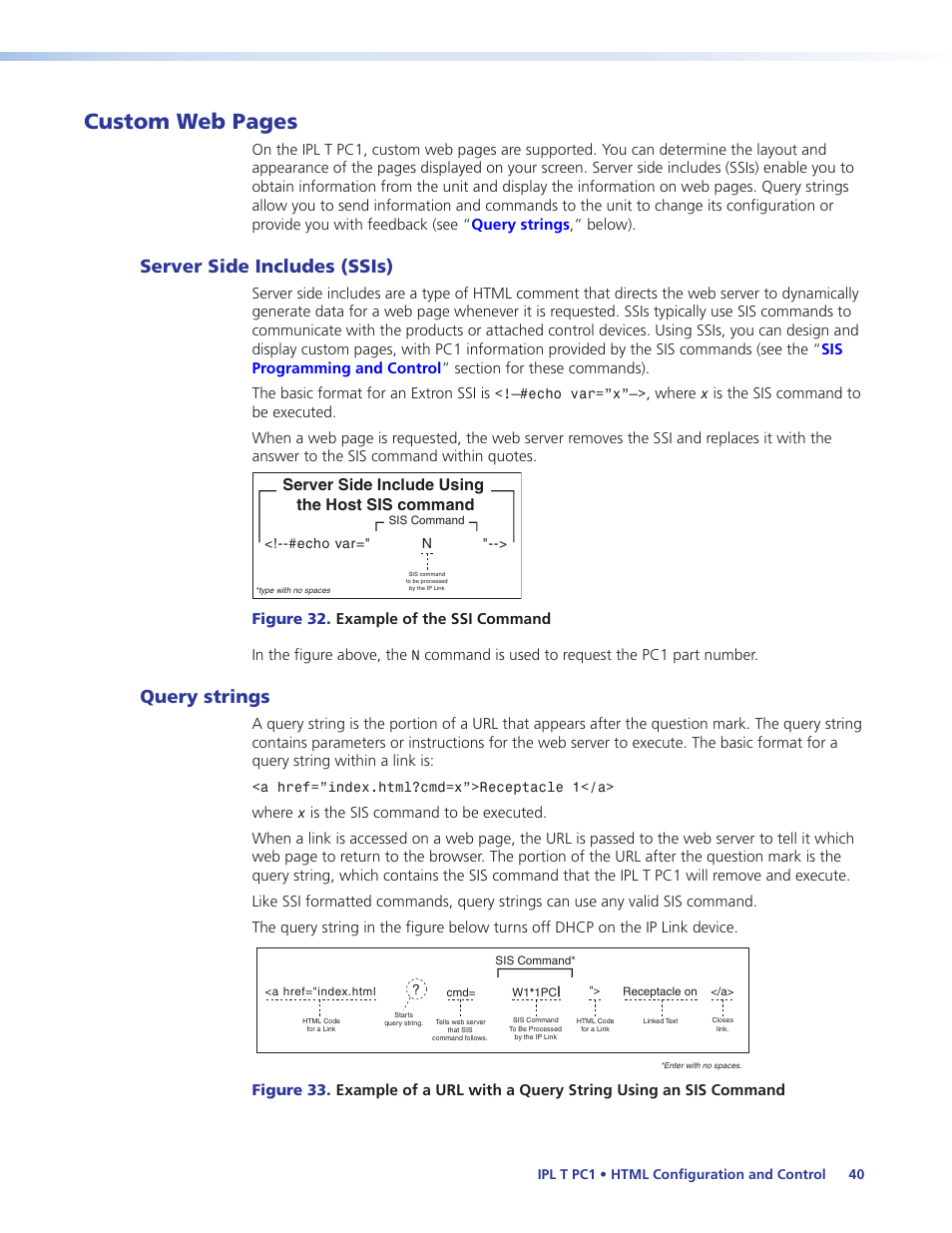 Server side includes (ssis), Query strings, Server side includes (ssis) query strings | Custom web pages, Server side include using the host sis command | Extron Electronics IPL T PC1i User Guide User Manual | Page 46 / 78