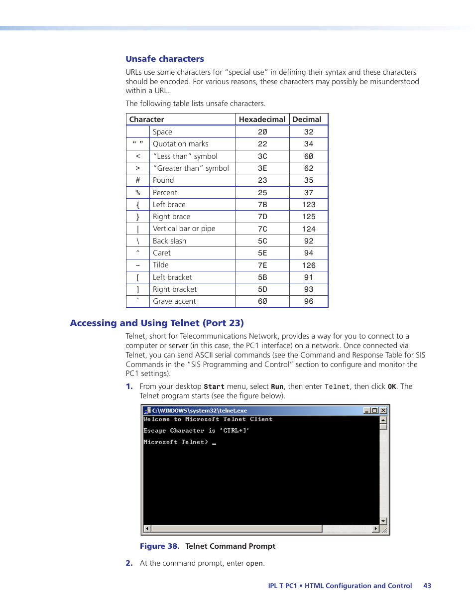 Accessing and using telnet (port 23) | Extron Electronics IPL T PC1i User Guide User Manual | Page 49 / 78