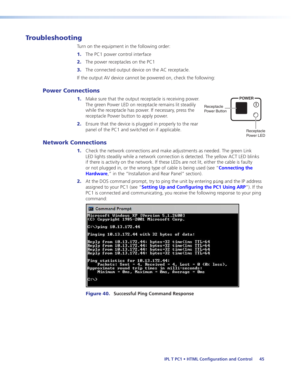 Troubleshooting, Power connections, Network connections | Power connections network connections | Extron Electronics IPL T PC1i User Guide User Manual | Page 51 / 78