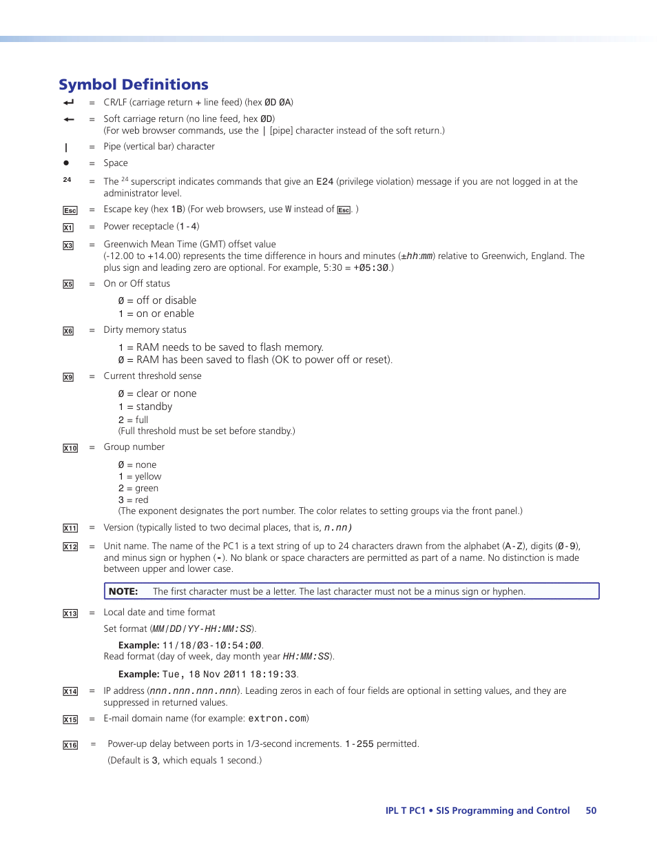 Symbol definitions | Extron Electronics IPL T PC1i User Guide User Manual | Page 56 / 78