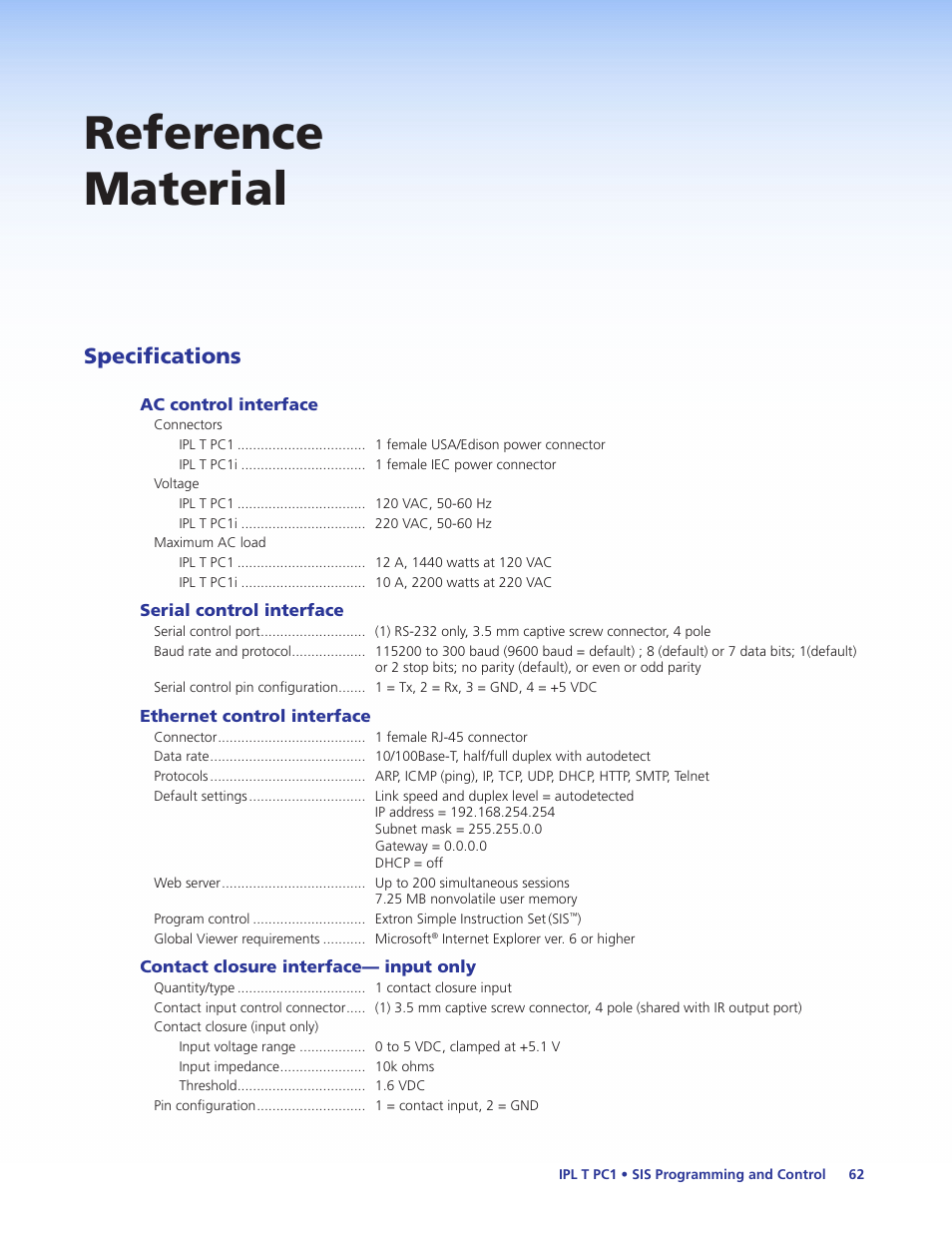 Reference material, Specifications | Extron Electronics IPL T PC1i User Guide User Manual | Page 68 / 78