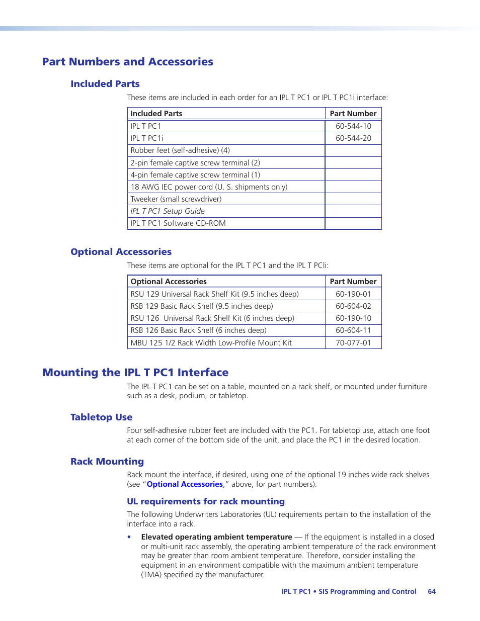 Part numbers and accessories, Included parts, Optional accessories | Mounting the ipl t pc1 interface, Tabletop use, Rack mounting, Included parts optional accessories, Tabletop use rack mounting | Extron Electronics IPL T PC1i User Guide User Manual | Page 70 / 78