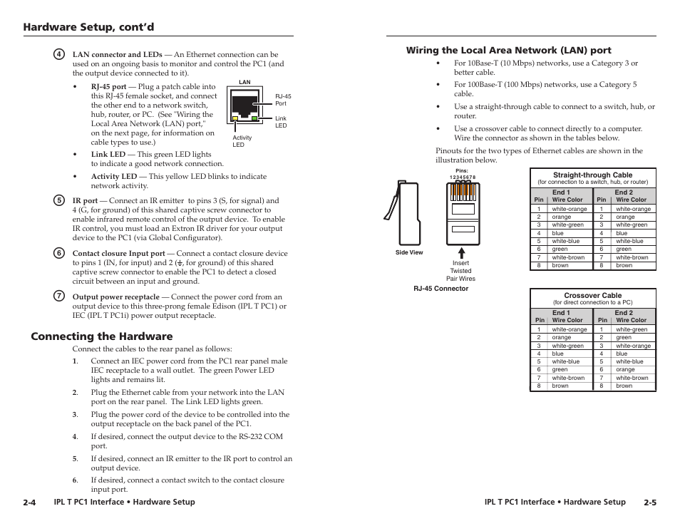 Connecting the hardware, Wiring the local area network (lan) port, Wiring the local area network (lan) port -5 | Hardware setup, cont’d | Extron Electronics IPL T PC1i Setup Guide User Manual | Page 10 / 27