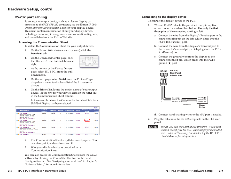 Rs-232 port cabling, Accessing the communication sheet, Connecting to the display device | Rs-232 port cabling -6, Hardware setup, cont’d | Extron Electronics IPL T PC1i Setup Guide User Manual | Page 11 / 27