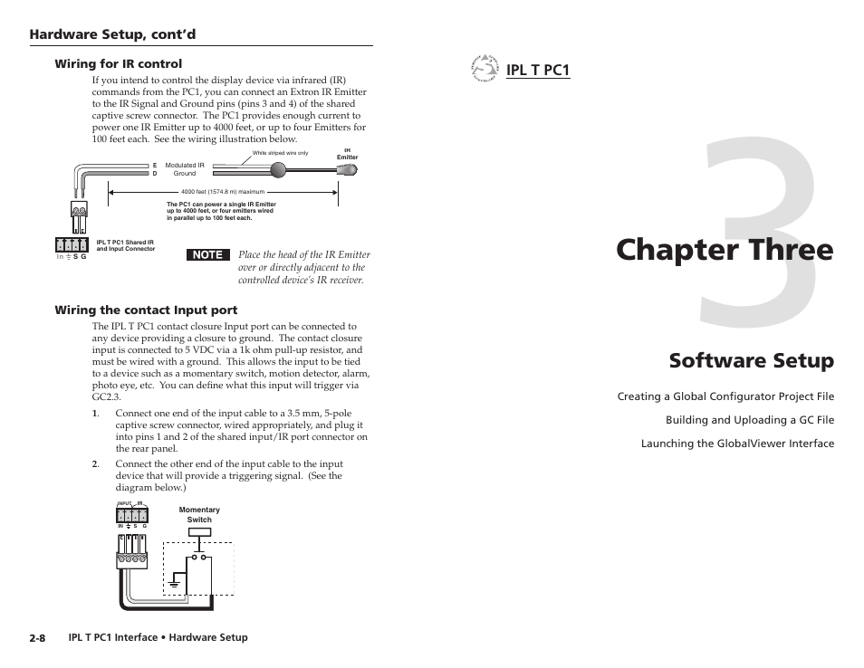 Wiring for ir control, Wiring the contact input port, Software setup | Chapter three • software setup, Chapter three | Extron Electronics IPL T PC1i Setup Guide User Manual | Page 12 / 27