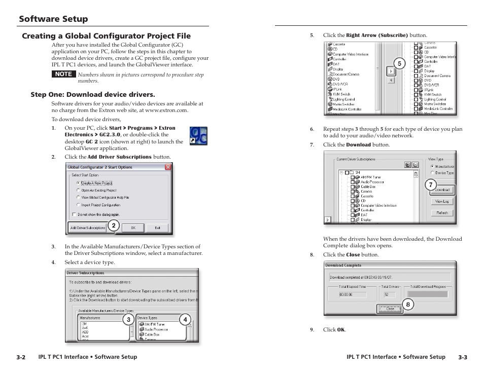 Creating a global configurator project file, Step one: download device drivers, Step one: download device drivers. -2 | Software setup | Extron Electronics IPL T PC1i Setup Guide User Manual | Page 13 / 27