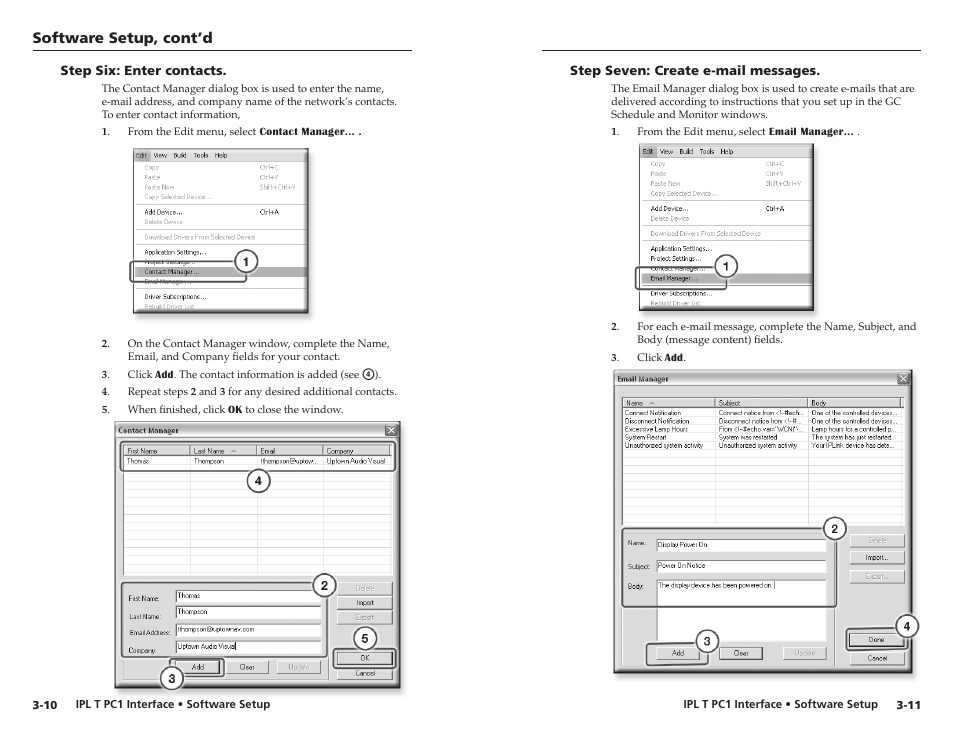 Step six: enter contacts, Step seven: create e-mail messages, Software setup, cont’d | Extron Electronics IPL T PC1i Setup Guide User Manual | Page 17 / 27