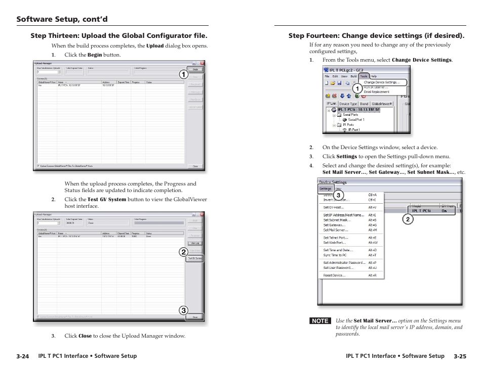 Step thirteen: upload the global configurator file, Step fourteen: change device settings (if desired), Software setup, cont’d | Extron Electronics IPL T PC1i Setup Guide User Manual | Page 24 / 27
