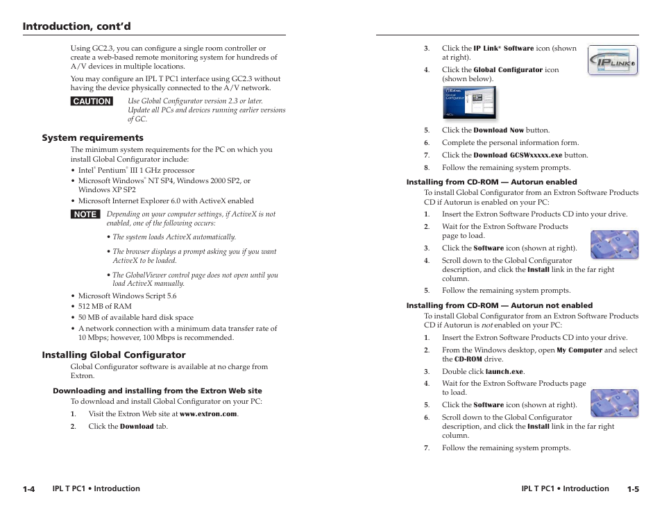 System requirements, Installing global configurator, Installing from cd-rom — autorun enabled | Installing from cd-rom — autorun not enabled, Introduction, cont’d | Extron Electronics IPL T PC1i Setup Guide User Manual | Page 7 / 27