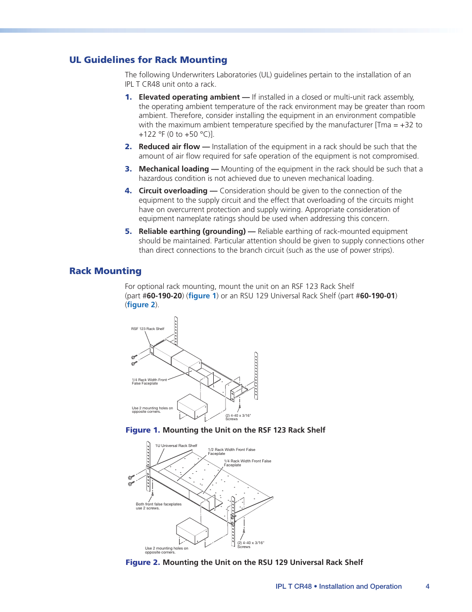 Ul guidelines for rack mounting, Rack mounting, Ul guidelines for rack mounting rack mounting | Extron Electronics IPL T CR48 User Manual | Page 10 / 46