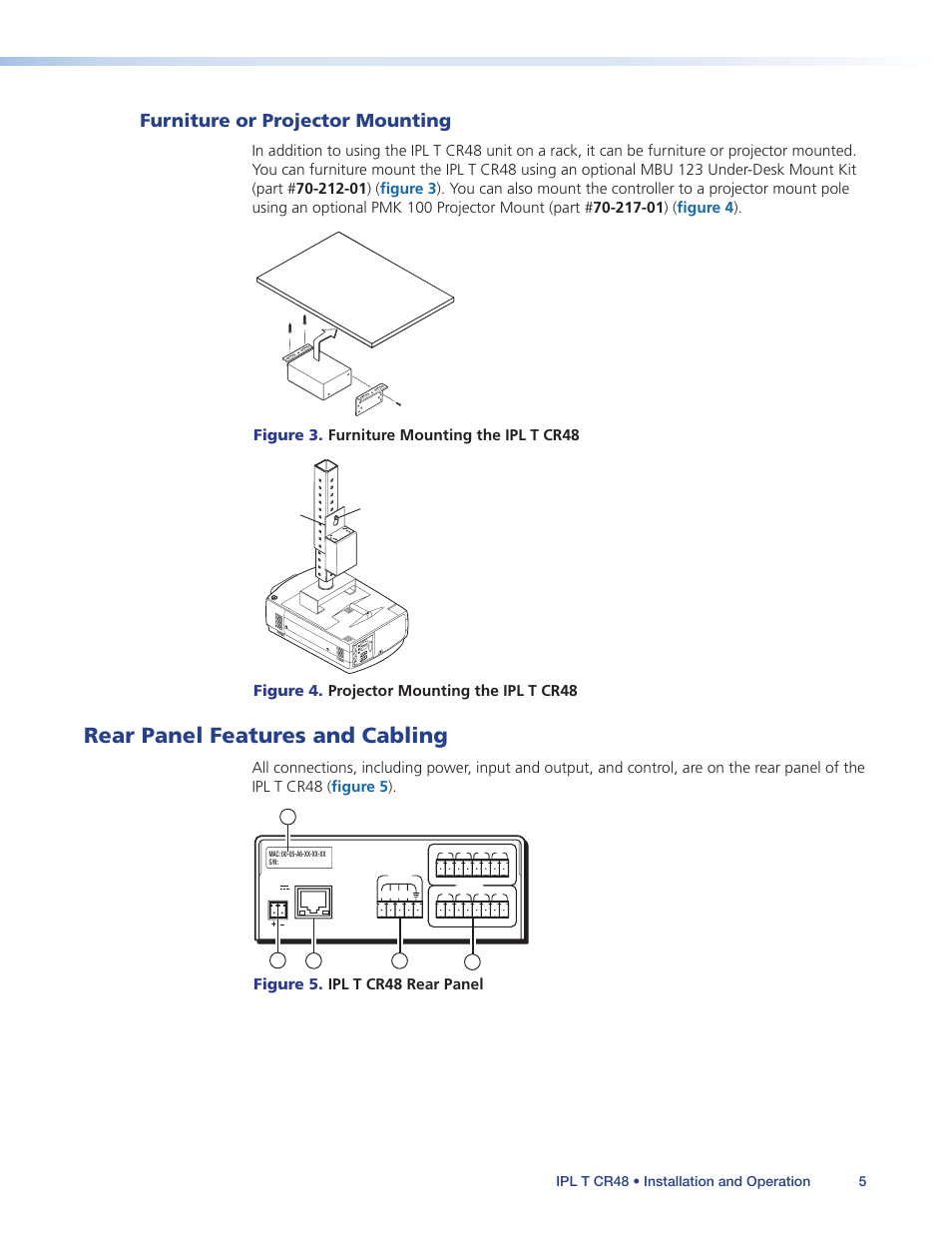 Furniture or projector mounting, Rear panel features and cabling, Figure 4. projector mounting the ipl t cr48 | Figure 5. ipl t cr48 rear panel, Ipl t cr48 • installation and operation 5 | Extron Electronics IPL T CR48 User Manual | Page 11 / 46