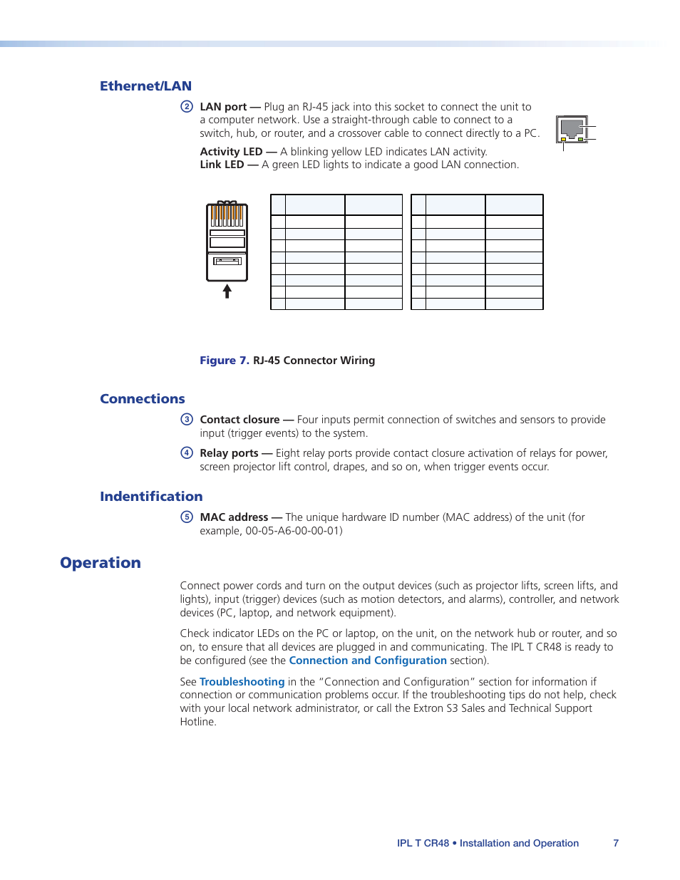 Ethernet/lan, Connections, Indentification | Operation, Ethernet/lan connections indentification | Extron Electronics IPL T CR48 User Manual | Page 13 / 46