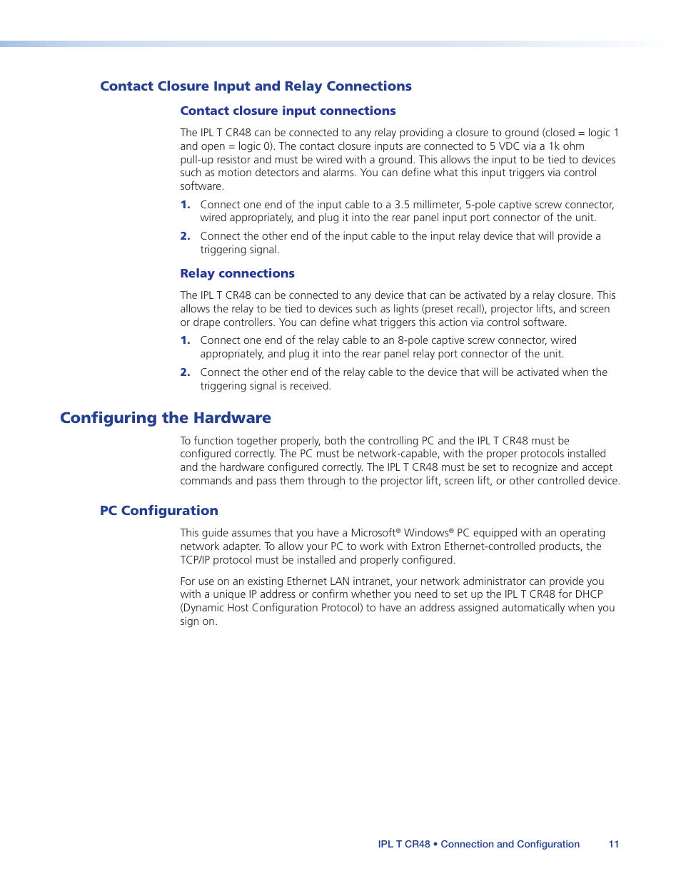 Contact closure input and relay connections, Configuring the hardware, Pc configuration | Contact closure input and, Relay connections | Extron Electronics IPL T CR48 User Manual | Page 17 / 46