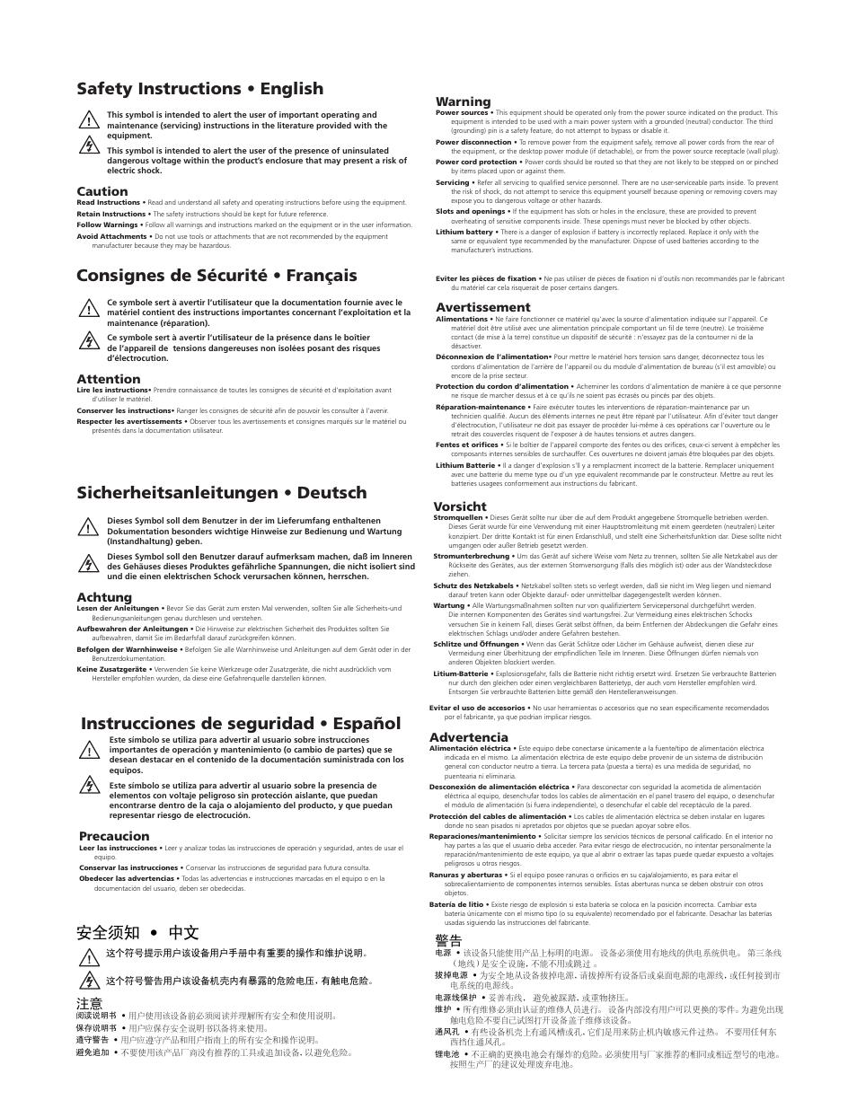 Safety instructions, Instrucciones de seguridad • español 安全须知 • 中文, Caution | Warning, Attention, Avertissement, Achtung, Vorsicht, Precaucion, Advertencia | Extron Electronics IPL T CR48 User Manual | Page 2 / 46