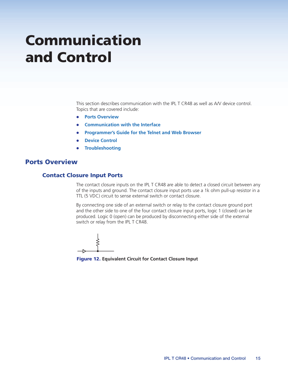 Communication and control, Ports overview, Contact closure input ports | Extron Electronics IPL T CR48 User Manual | Page 21 / 46