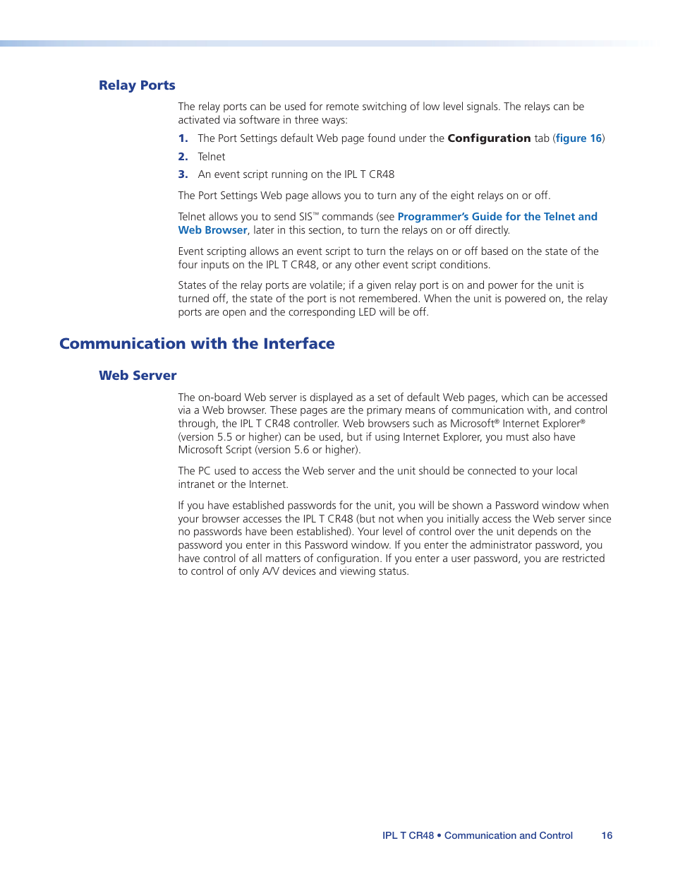 Relay ports, Communication with the interface, Web server | Communication with the, Interface | Extron Electronics IPL T CR48 User Manual | Page 22 / 46