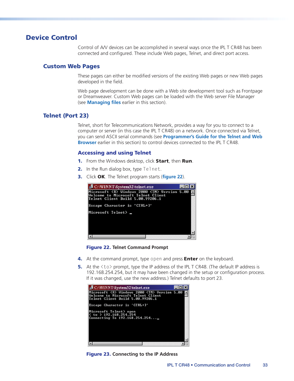 Device control, Telnet (port 23), Accessing and using telnet | Later in this section, for | Extron Electronics IPL T CR48 User Manual | Page 39 / 46