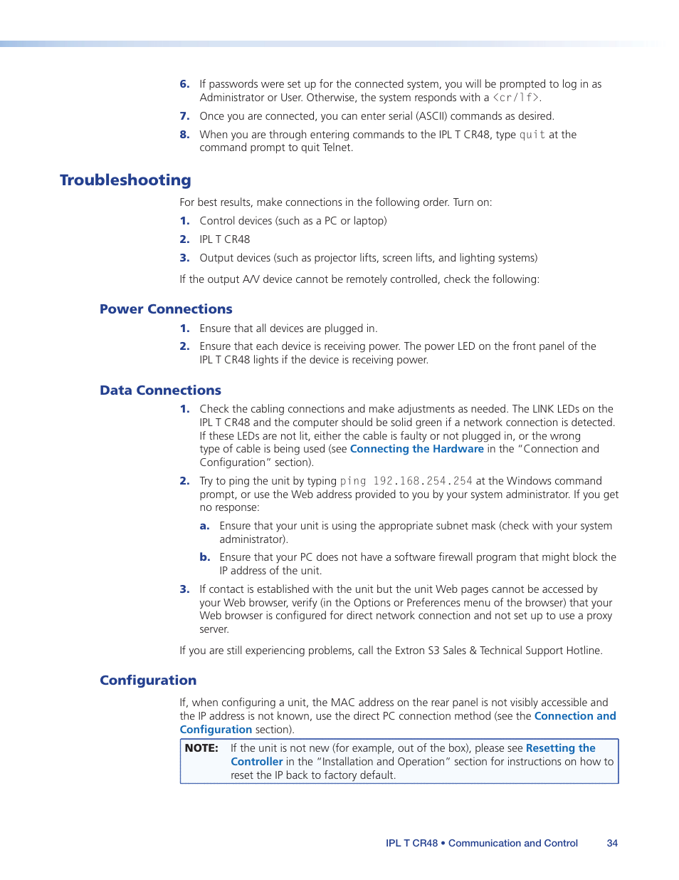 Troubleshooting, Power connections, Data connections | Configuration, Power connections data connections configuration | Extron Electronics IPL T CR48 User Manual | Page 40 / 46