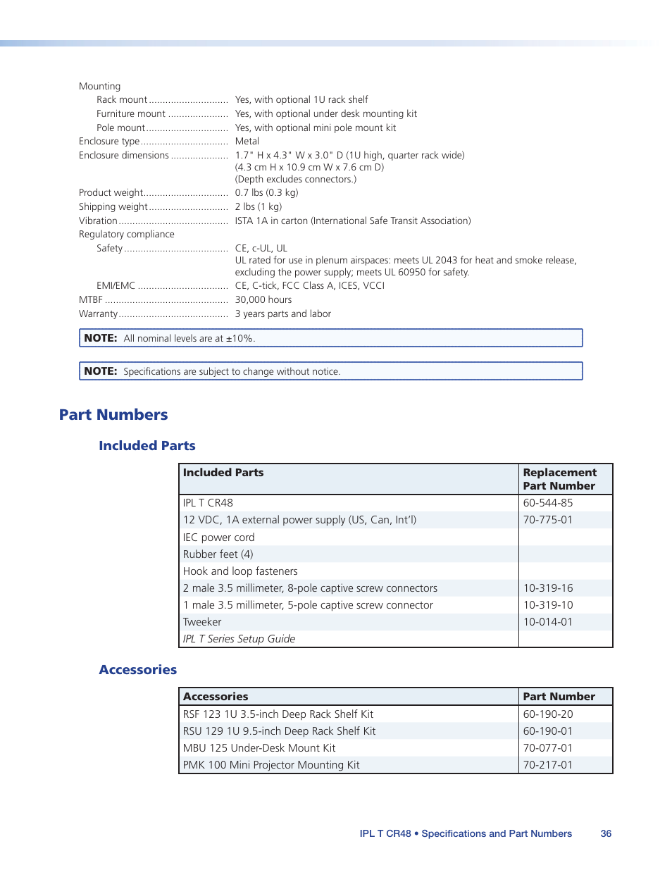 Part numbers, Included parts, Accessories | Included parts accessories | Extron Electronics IPL T CR48 User Manual | Page 42 / 46