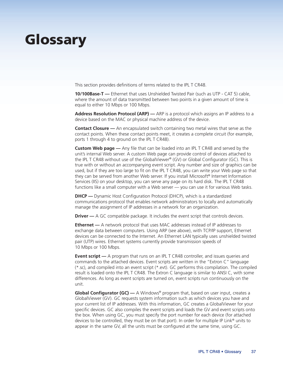 Glossary | Extron Electronics IPL T CR48 User Manual | Page 43 / 46