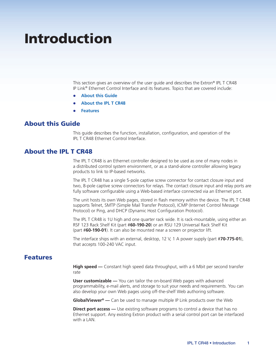 Introduction, About this guide, About the ipl t cr48 | Features, About this guide about the ipl t cr48 features | Extron Electronics IPL T CR48 User Manual | Page 7 / 46