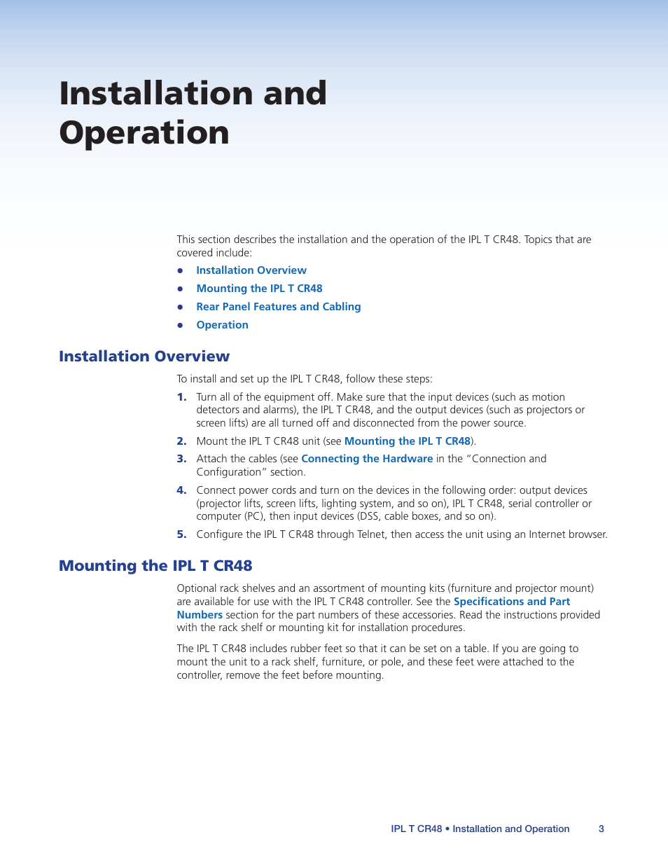 Installation and operation, Installation overview, Mounting the ipl t cr48 | Installation overview mounting the ipl t cr48 | Extron Electronics IPL T CR48 User Manual | Page 9 / 46