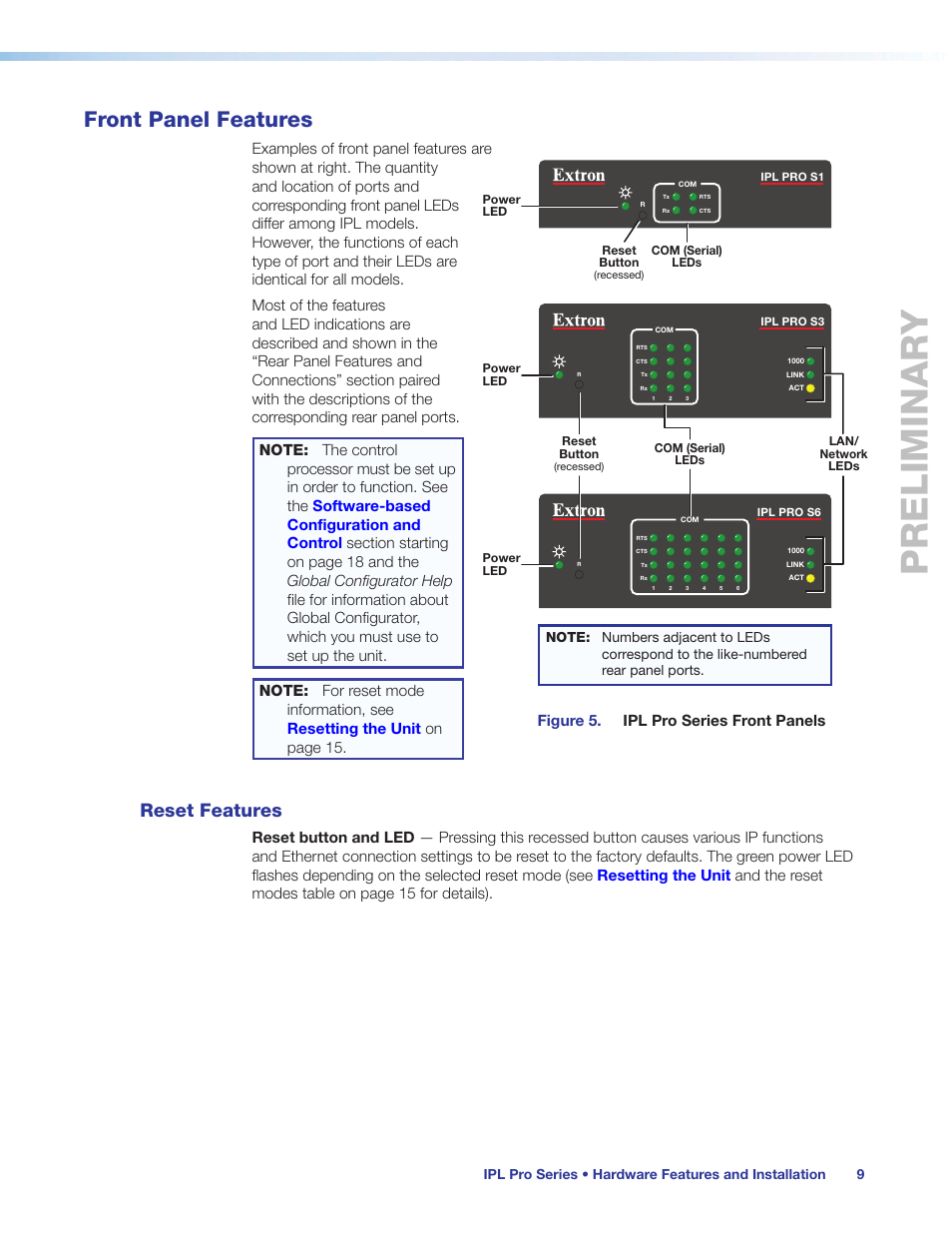 Front panel features, Reset features, Front panel | Features, Preliminary, Ir learning receiver, Figure 5. ipl pro series front panels | Extron Electronics IPL Pro Series User Guide PRELIMINARY User Manual | Page 15 / 39