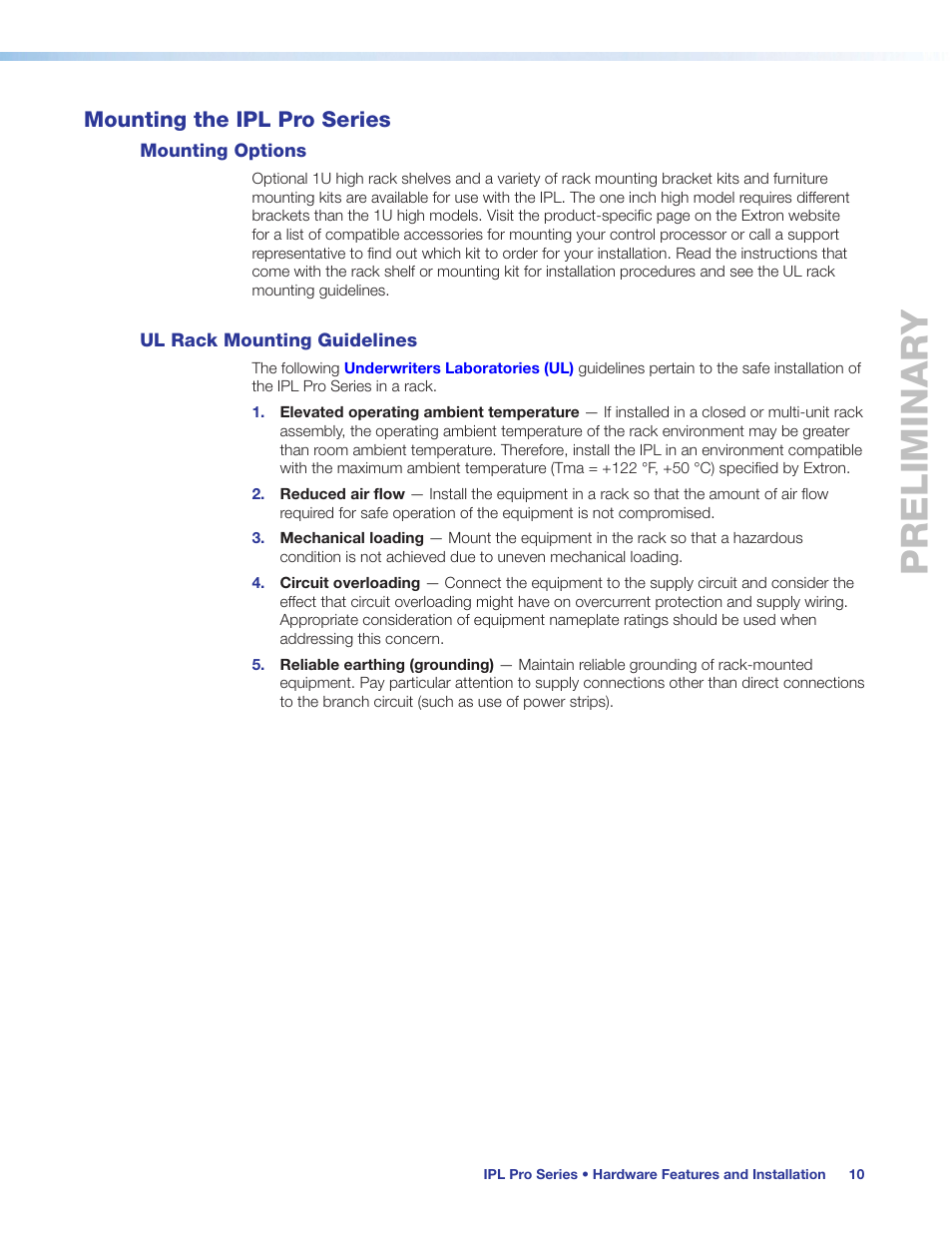 Mounting the ipl pro series, Mounting options, Ul rack mounting guidelines | Mounting options ul rack mounting guidelines, Preliminary | Extron Electronics IPL Pro Series User Guide PRELIMINARY User Manual | Page 16 / 39