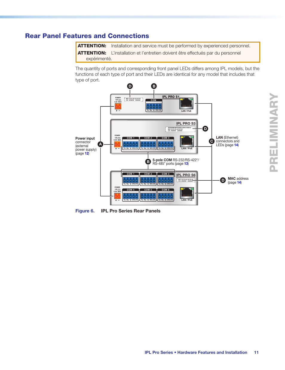 Rear panel features and connections, Ocessor (see, Preliminary | Figure 6. ipl pro series rear panels | Extron Electronics IPL Pro Series User Guide PRELIMINARY User Manual | Page 17 / 39