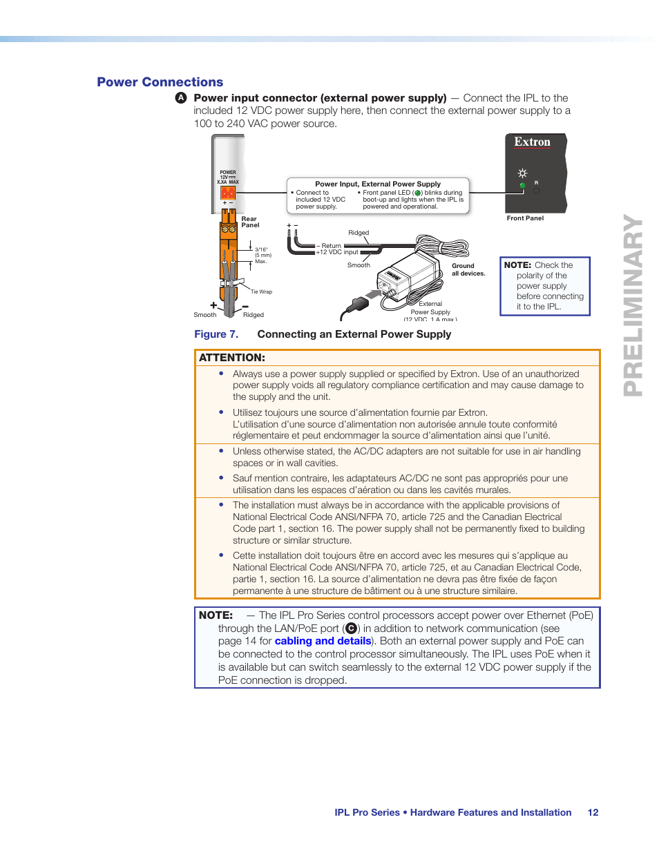 Power connections, Power input, Connector | External, Power supply), Preliminary | Extron Electronics IPL Pro Series User Guide PRELIMINARY User Manual | Page 18 / 39