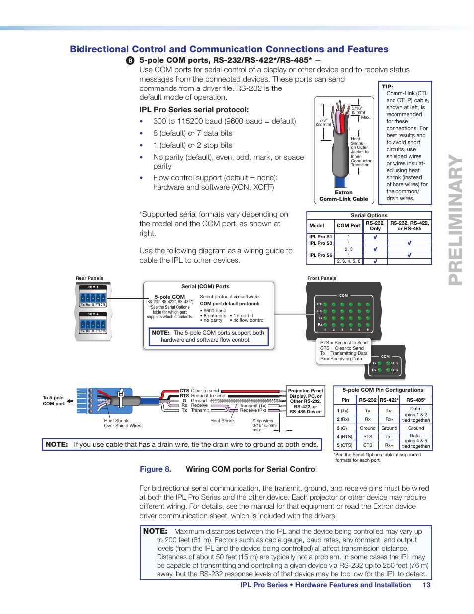 Bidirectional control and communication, Connections and features, Pole com rs-232/rs-422 | Preliminary, 8 (default) or 7 data bits, 1 (default) or 2 stop bits, Figure 8. wiring com ports for serial control | Extron Electronics IPL Pro Series User Guide PRELIMINARY User Manual | Page 19 / 39