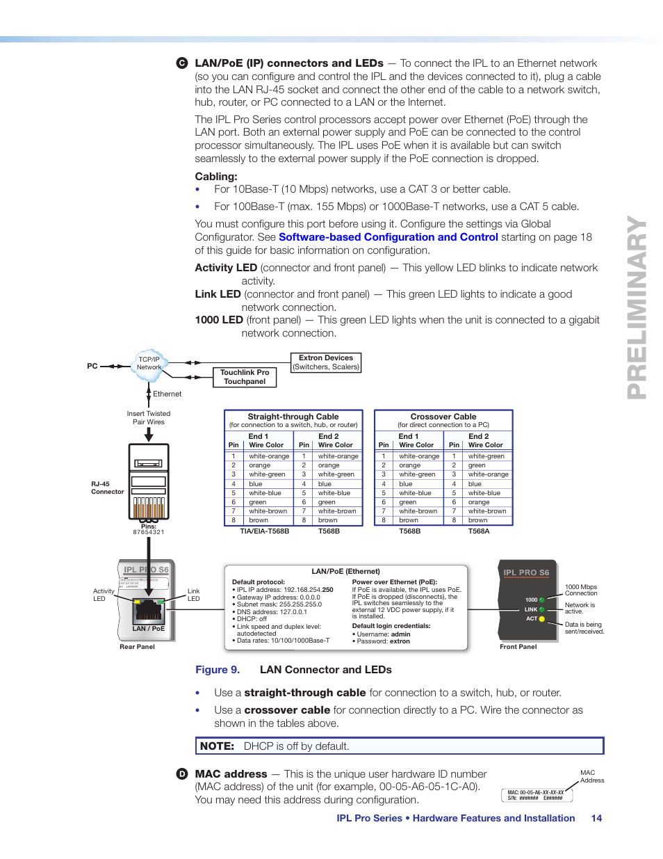 Lan/poe (ip) connectors and leds, Mac address, Lan (ethernet) | Connectors and, Preliminary, Figure 9. lan connector and leds | Extron Electronics IPL Pro Series User Guide PRELIMINARY User Manual | Page 20 / 39