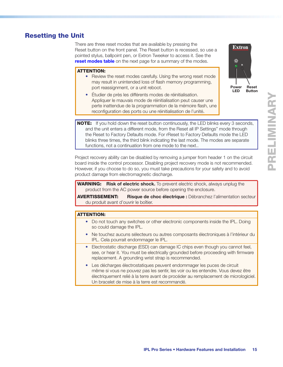Resetting the unit, Eset mode (see, Preliminary | Extron Electronics IPL Pro Series User Guide PRELIMINARY User Manual | Page 21 / 39