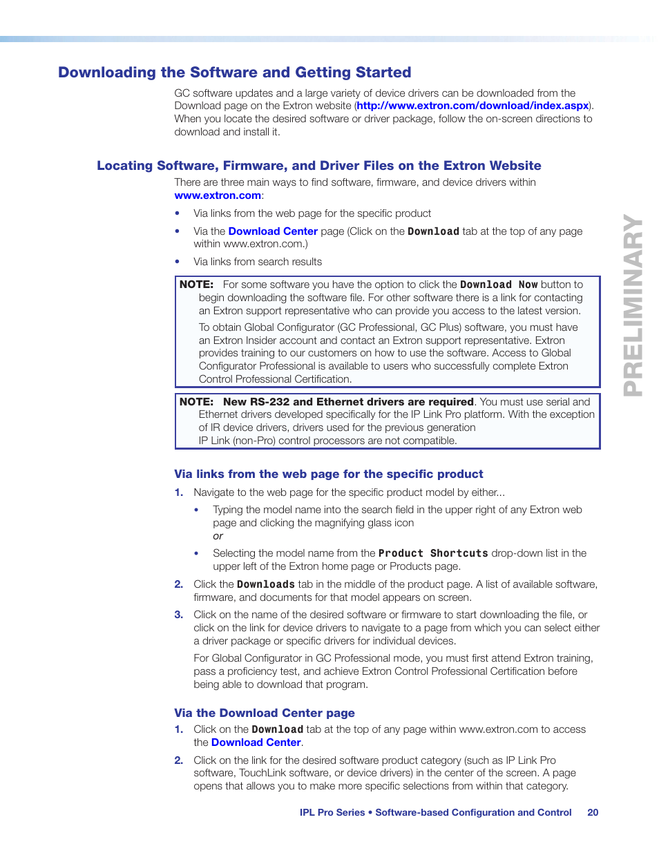 Downloading the software and getting started, Locating software, firmware, and, Driver files on the extron website | Preliminary | Extron Electronics IPL Pro Series User Guide PRELIMINARY User Manual | Page 26 / 39