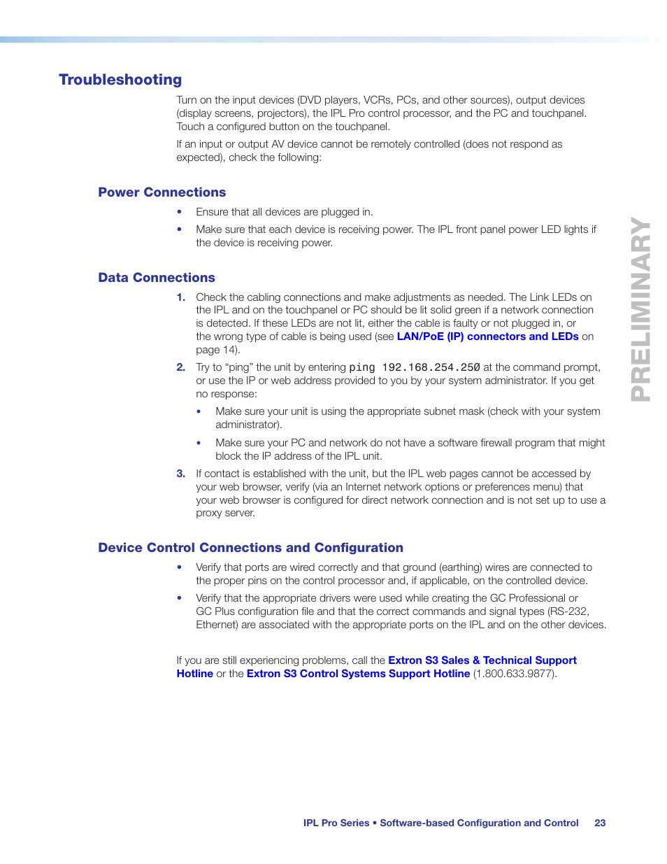 Troubleshooting, Power connections, Data connections | Device control connections and configuration, Configuration, Preliminary | Extron Electronics IPL Pro Series User Guide PRELIMINARY User Manual | Page 29 / 39