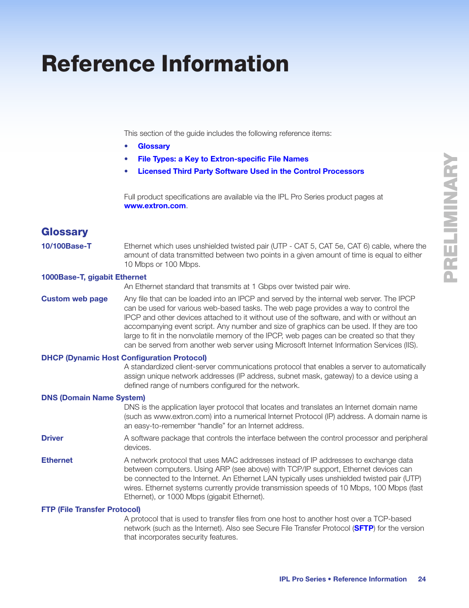 Reference information, Glossary, Preliminar y preliminary | Extron Electronics IPL Pro Series User Guide PRELIMINARY User Manual | Page 30 / 39