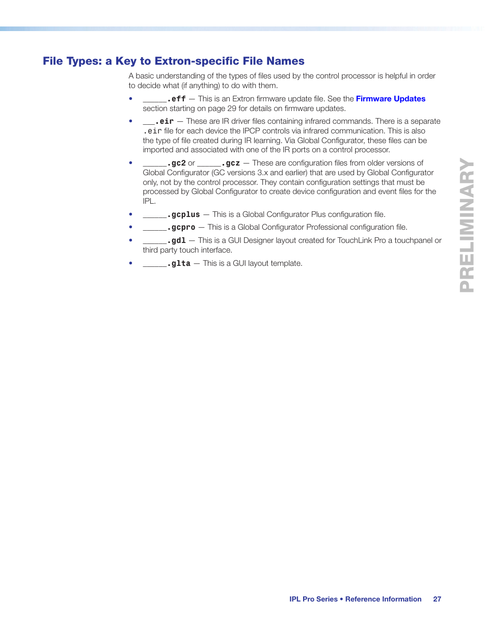 File types: a key to extron-specific file names, Preliminary | Extron Electronics IPL Pro Series User Guide PRELIMINARY User Manual | Page 33 / 39