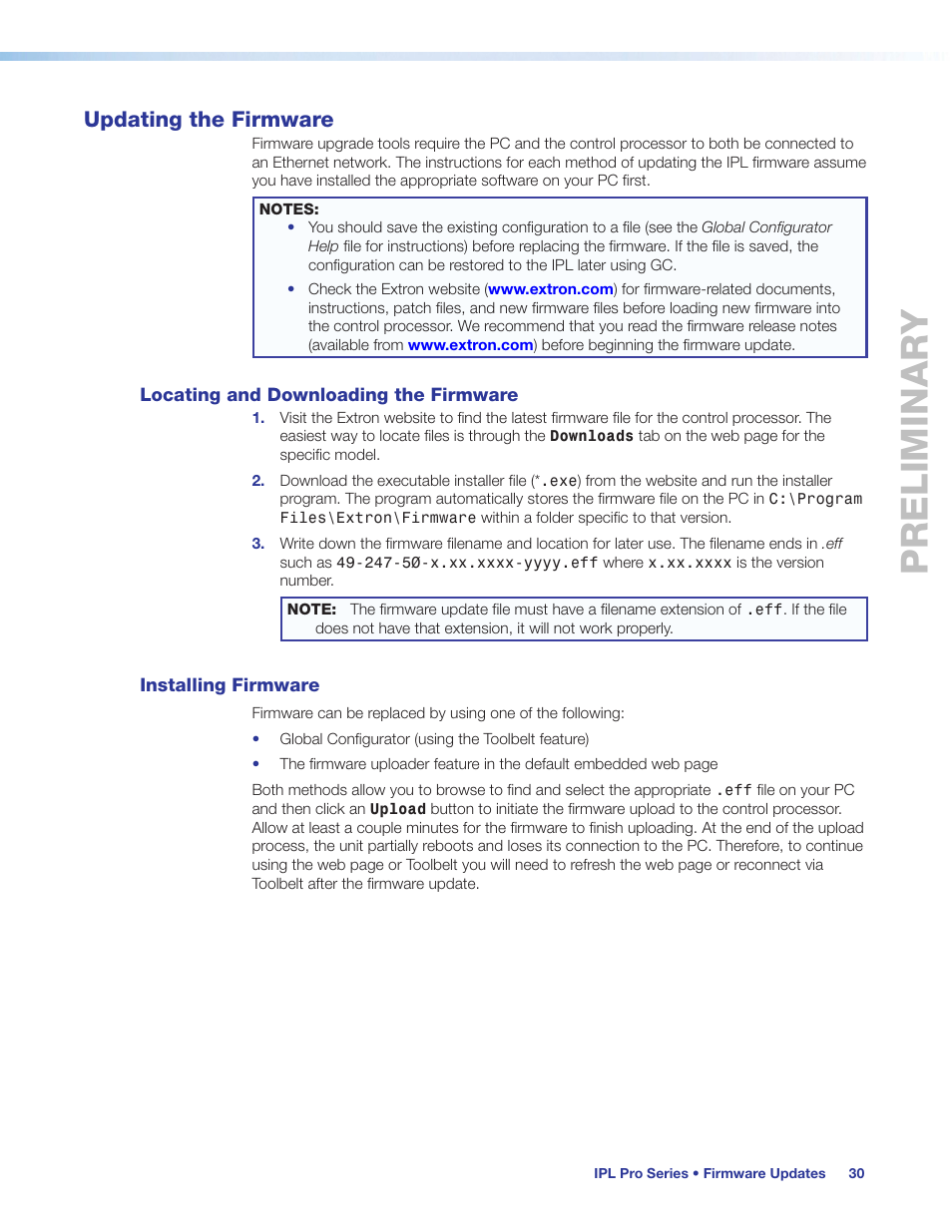 Updating the firmware, Locating and downloading the firmware, Installing firmware | Preliminary | Extron Electronics IPL Pro Series User Guide PRELIMINARY User Manual | Page 36 / 39