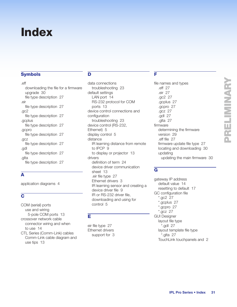 Index, Preliminar y preliminary | Extron Electronics IPL Pro Series User Guide PRELIMINARY User Manual | Page 37 / 39