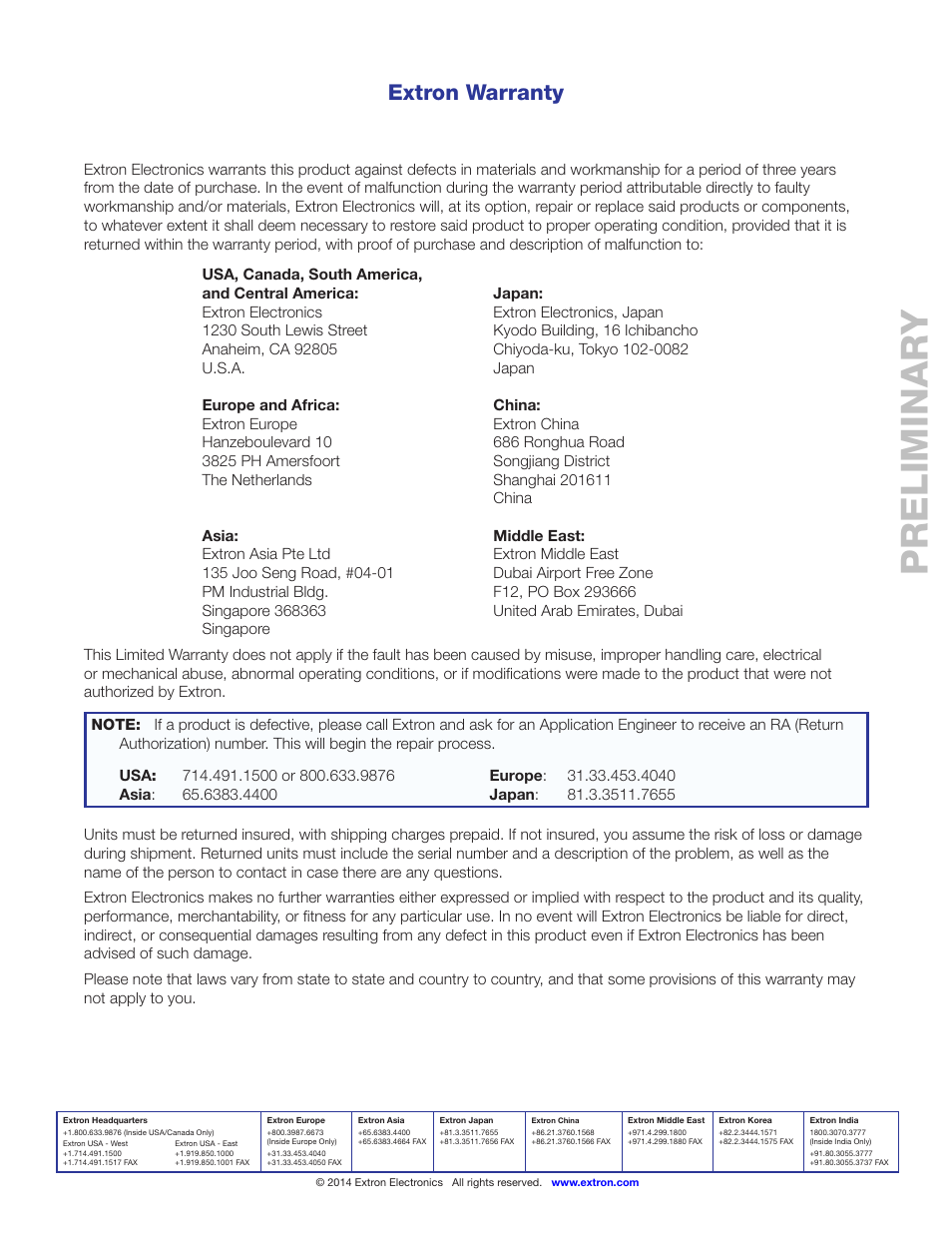Back cover, Warranty, Contact information | Preliminary, Contact information warranty, Extron warranty | Extron Electronics IPL Pro Series User Guide PRELIMINARY User Manual | Page 39 / 39