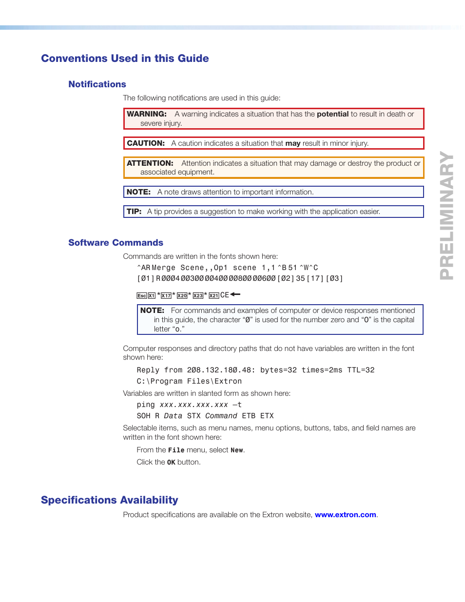 Conventions used in this guide, Notifications, Software commands | Specifications availability, Preliminary | Extron Electronics IPL Pro Series User Guide PRELIMINARY User Manual | Page 4 / 39