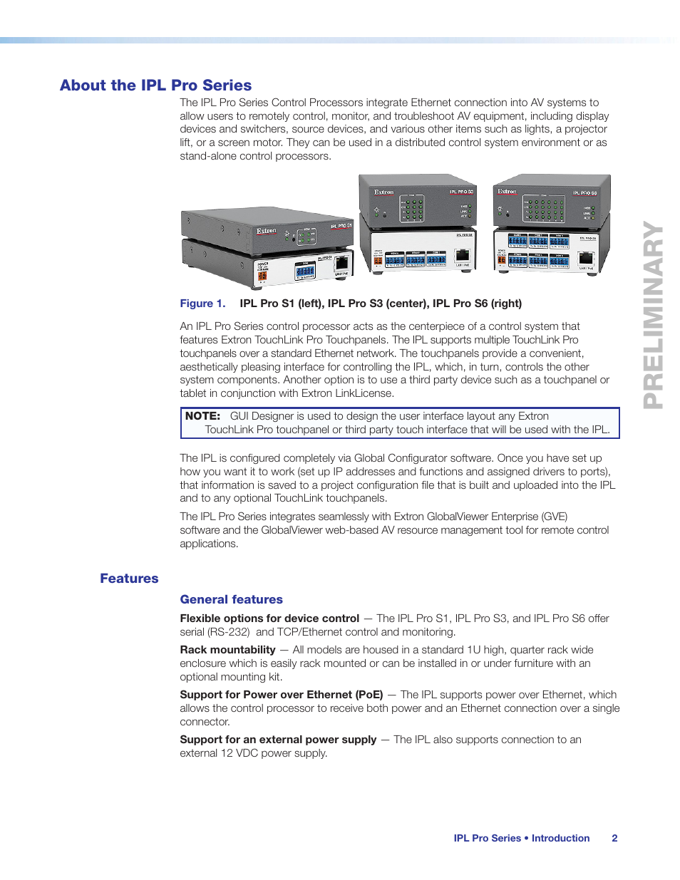 About the ipl pro series, Features, Preliminary | Extron Electronics IPL Pro Series User Guide PRELIMINARY User Manual | Page 8 / 39