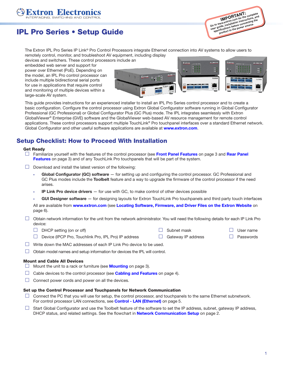 Extron Electronics IPL Pro Series Setup Guide User Manual | 8 pages