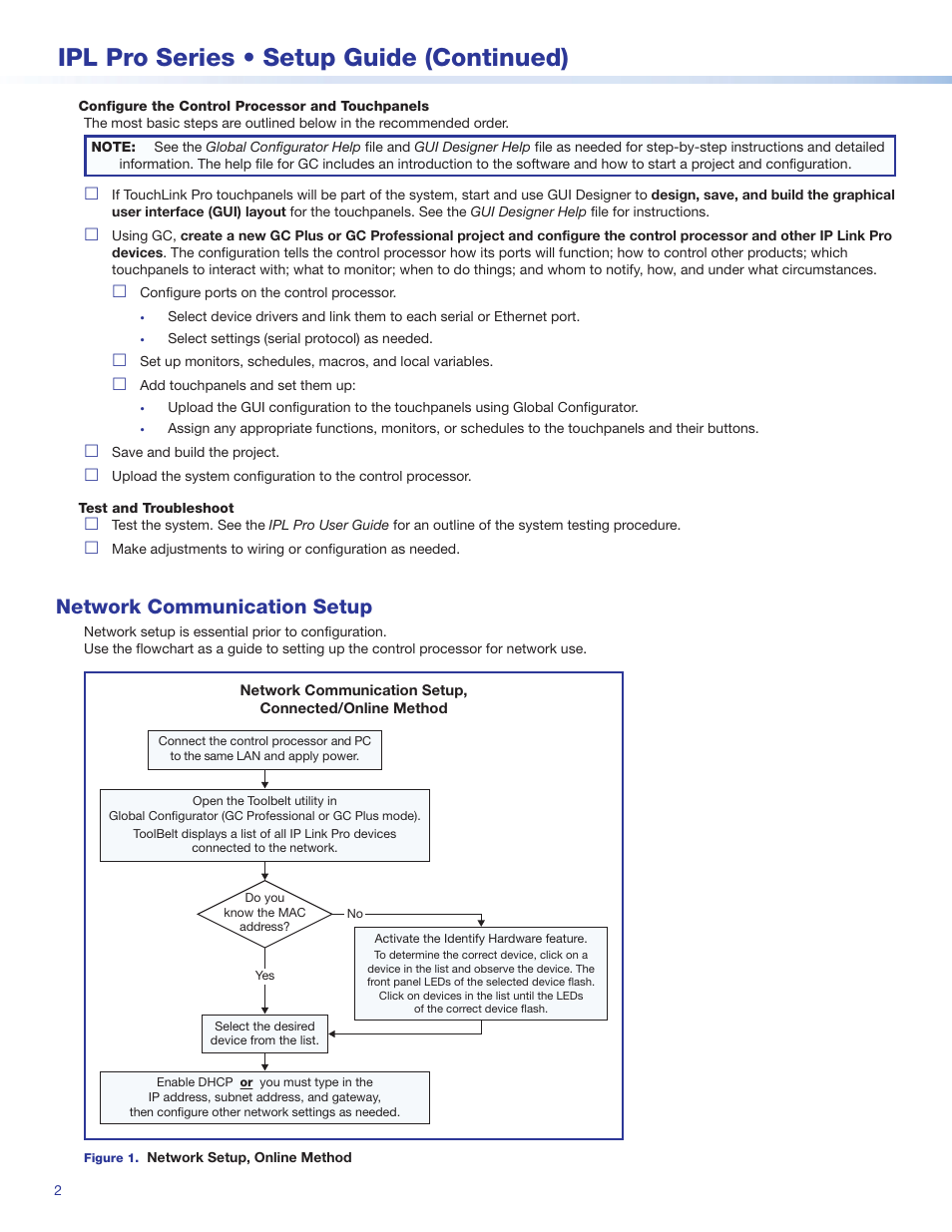 Network communication setup, Elated settings. see the flowchart in, Ipl pro series • setup guide (continued) | Extron Electronics IPL Pro Series Setup Guide User Manual | Page 2 / 8